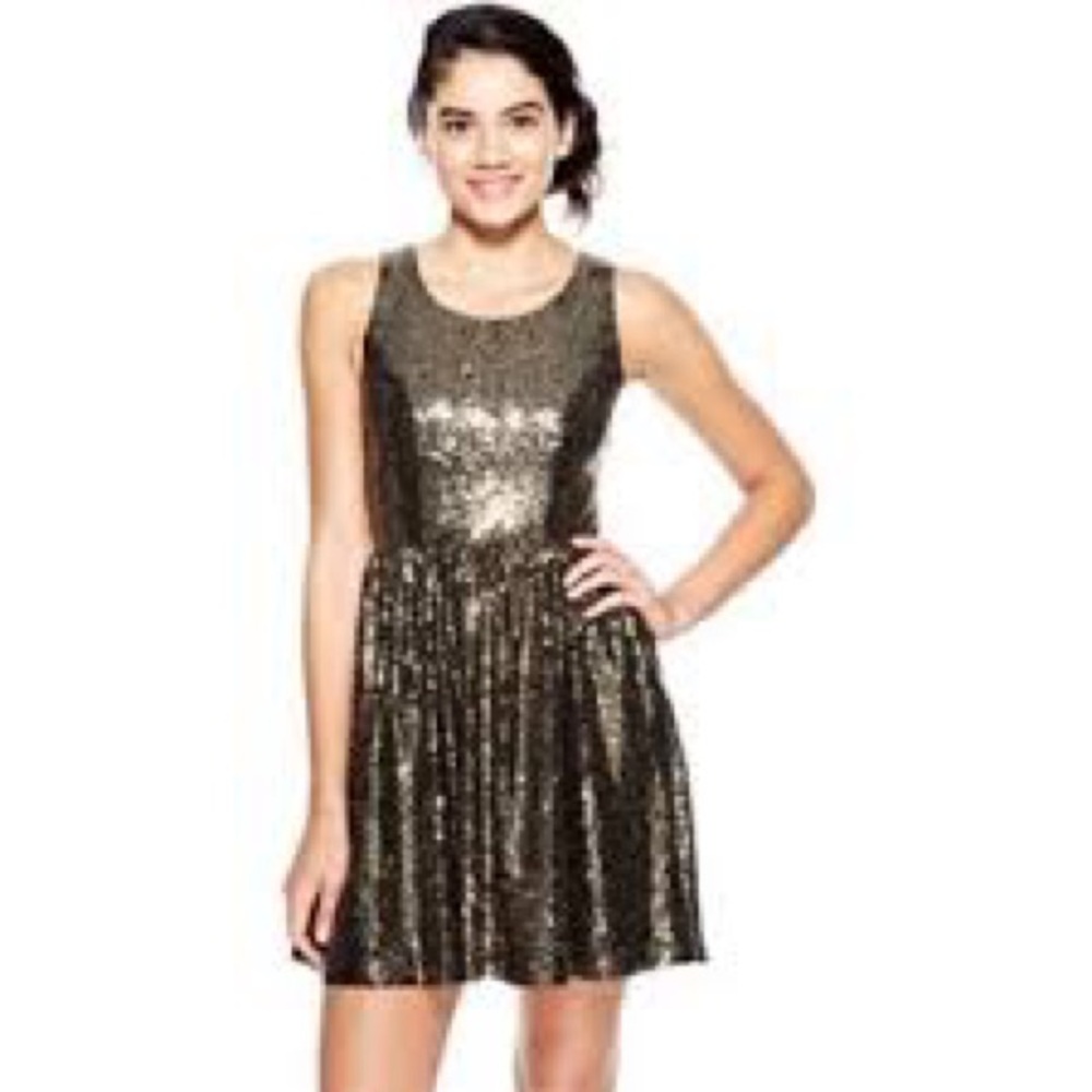 Delia’s Sequin Mini Dress with Open Back Bow Detail Gold Black Size XS
